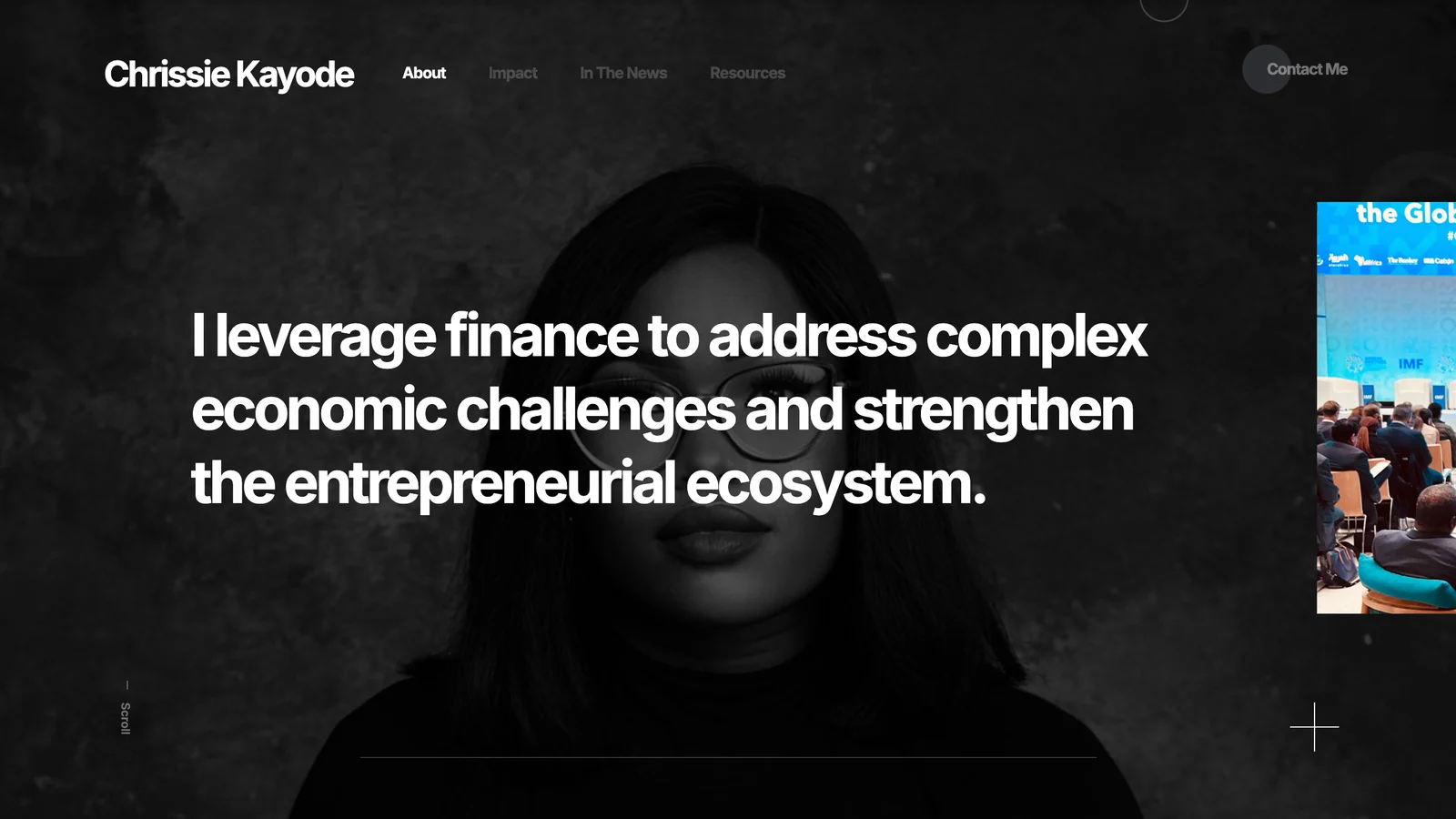 Chrissie Kayode website hero with a monochrome portrait and an introduction to her finance and entrepreneurship work