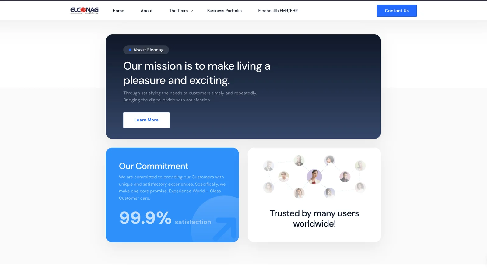 Elconag website about section showing its mission, customer service commitment, and customer trust cards