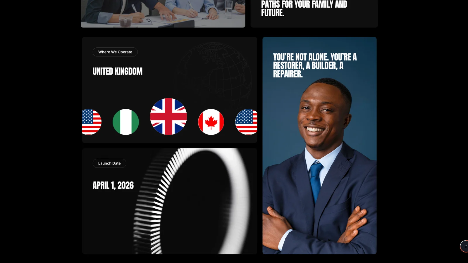 Restora website section with country flags, launch information, and a portrait alongside its community message