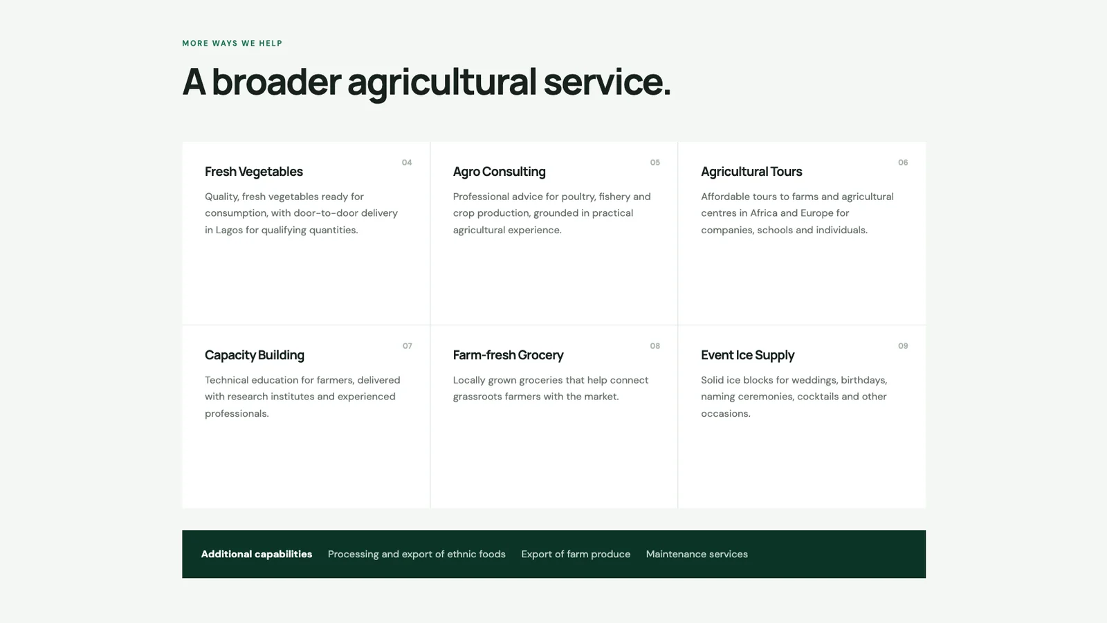 XGEMS agricultural services section with cards for fresh vegetables, consulting, tours, capacity building, groceries, and event ice supply